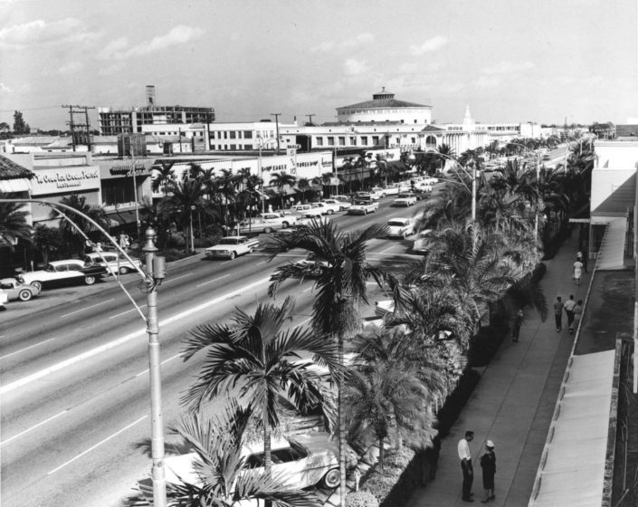 View of Miracle Mile looking east, circa late 1950s - early 1960s. Image courtesy of Coral Gables Historical Resources.